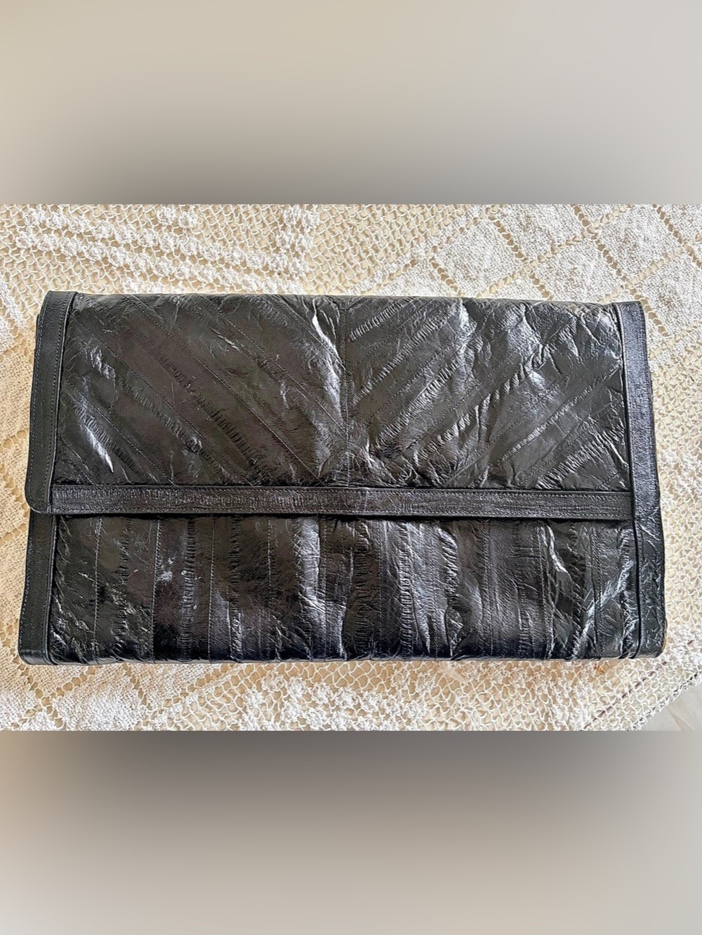 Authentic vintage 80’s Soft Eel Skin Black Clutch Bag. 12” x 7”